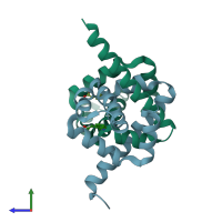 PDB entry 6enn coloured by chain, side view.