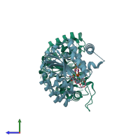 PDB entry 6eql coloured by chain, side view.