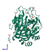 PDB entry 6etv coloured by chain, side view.