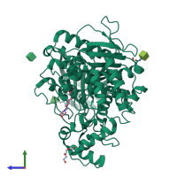 PDB entry 6euc coloured by chain, side view.