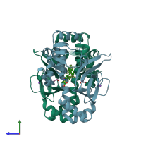 PDB entry 6eut coloured by chain, side view.