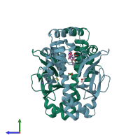 PDB entry 6euu coloured by chain, side view.