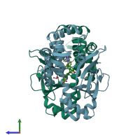 PDB entry 6ev0 coloured by chain, side view.