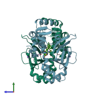 PDB entry 6exk coloured by chain, side view.