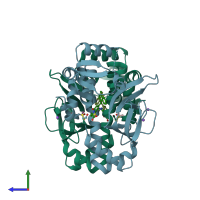 PDB entry 6exl coloured by chain, side view.