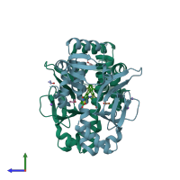 PDB entry 6exm coloured by chain, side view.