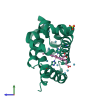 PDB entry 6eye coloured by chain, side view.