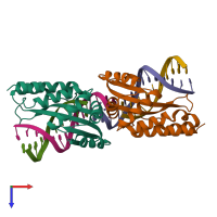 PDB entry 6fb2 coloured by chain, top view.