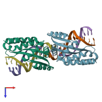 PDB entry 6fb7 coloured by chain, top view.