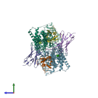 PDB entry 6feq coloured by chain, side view.