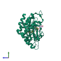 PDB entry 6fex coloured by chain, side view.