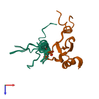 PDB entry 6fgp coloured by chain, ensemble of 10 models, top view.