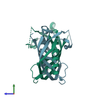 PDB 6fk0 coloured by chain and viewed from the side.