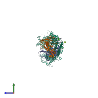 PDB entry 6fn4 coloured by chain, side view.