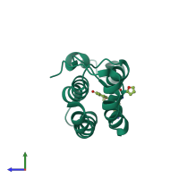 Monomeric assembly 1 of PDB entry 6frf coloured by chemically distinct molecules, side view.