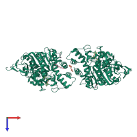 Homo dimeric assembly 1 of PDB entry 6fsd coloured by chemically distinct molecules, top view.