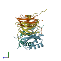 PDB entry 6fu9 coloured by chain, side view.