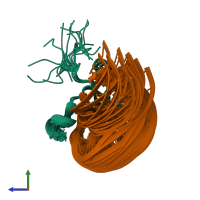 PDB entry 6gbm coloured by chain, ensemble of 20 models, side view.