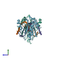 PDB entry 6gcf coloured by chain, side view.