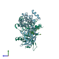 PDB entry 6gcw coloured by chain, side view.