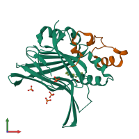 PDB entry 6ge6 coloured by chain, front view.