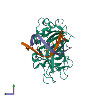 PDB entry 6ged coloured by chain, side view.