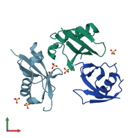 PDB entry 6gf1 coloured by chain, front view.