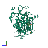 Monomeric assembly 2 of PDB entry 6gn1 coloured by chemically distinct molecules, side view.