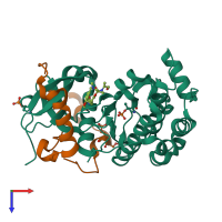 Hetero dimeric assembly 1 of PDB entry 6gr8 coloured by chemically distinct molecules, top view.