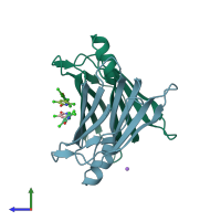 PDB entry 6grp coloured by chain, side view.