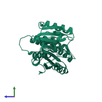 Monomeric assembly 2 of PDB entry 6gt5 coloured by chemically distinct molecules, side view.