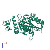 Monomeric assembly 2 of PDB entry 6gt5 coloured by chemically distinct molecules, top view.