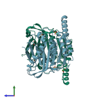 PDB entry 6gul coloured by chain, side view.