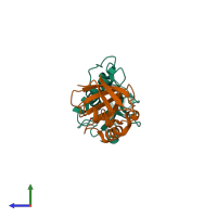 PDB entry 6gum coloured by chain, side view.