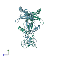 PDB entry 6guu coloured by chain, side view.