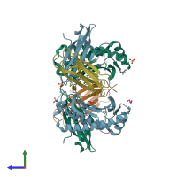 PDB entry 6h6d coloured by chain, side view.