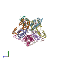 PDB entry 6hax coloured by chain, side view.