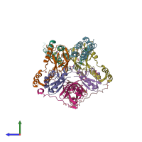 PDB entry 6hay coloured by chain, side view.