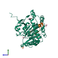 PDB entry 6hc8 coloured by chain, side view.