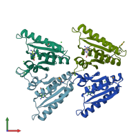 PDB entry 6hcd coloured by chain, front view.