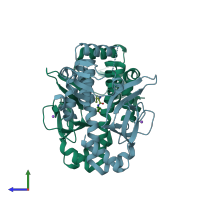 PDB entry 6hck coloured by chain, side view.