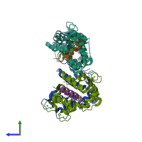 PDB entry 6hcs coloured by chain, side view.