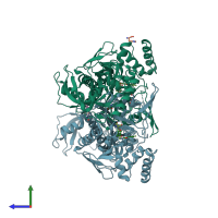 PDB entry 6hcu coloured by chain, side view.