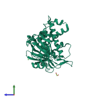 PDB entry 6heh coloured by chain, side view.