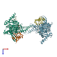 PDB entry 6hek coloured by chain, top view.