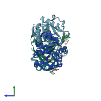 PDB entry 6hf6 coloured by chain, side view.