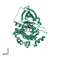 PDB entry 6hhg coloured by chain, side view.