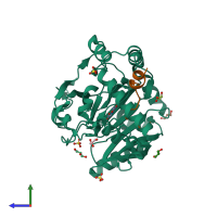 PDB entry 6hl6 coloured by chain, side view.