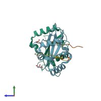 PDB entry 6hol coloured by chain, side view.
