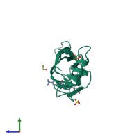 Monomeric assembly 1 of PDB entry 6hpy coloured by chemically distinct molecules, side view.